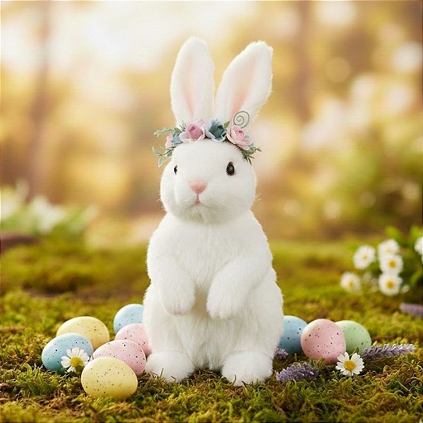 Enfeite Decorativo de Páscoa - Coelho com Tiara de Flores - 26,5x14x12cm - 1 unidade - Cromus - Rizzo