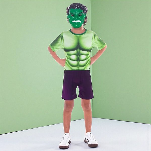 Fantasia Infantil Hulk - Macacão Curto e Máscara - M de 6 a 8 anos - Disney Original - 1 unidade - Rizzo