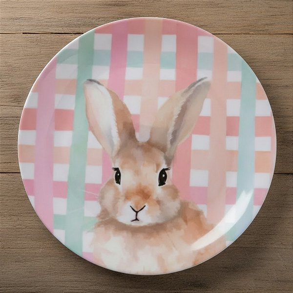 Prato de Sobremesa de Páscoa em Melamina - Coelhinho Xadrez - 20x20cm - 1 unidade - FlorArte - Rizzo