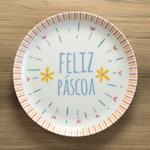 Prato de Sobremesa de Páscoa em Melamina - Feliz Páscoa - Amarelo e Vermelho - 20x20cm - 1 unidade - FlorArte - Rizzo