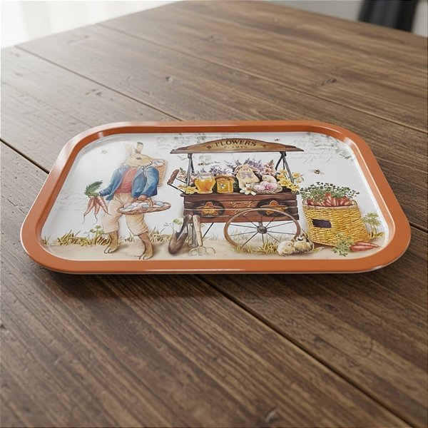 Bandeja Decorativa de Páscoa - Coelho com Carroça - Laranja - 37x25,5cm - 1 unidade - Rizzo