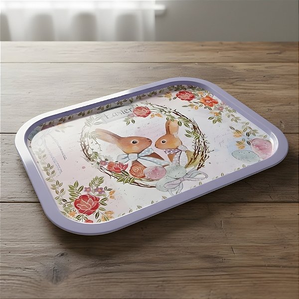 Bandeja Decorativa de Páscoa - Coelha e Filho com Flores - Roxo - 37x25,5cm - 1 unidade - Rizzo
