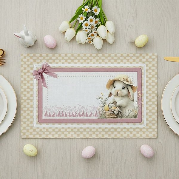 Jogo Americano de Páscoa - Coelho com Chapéu e Cesta de Ovos - Tons Pastéis - 44,5x38,5cm - 2 unidades - Rizzo