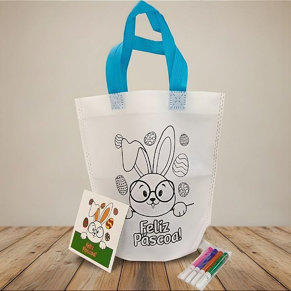 Sacola de Microfibra com Estampa de Páscoa Para Colorir - Coelho com Óculos - Azul - 16x22cm - 1 unidade - Rizzo