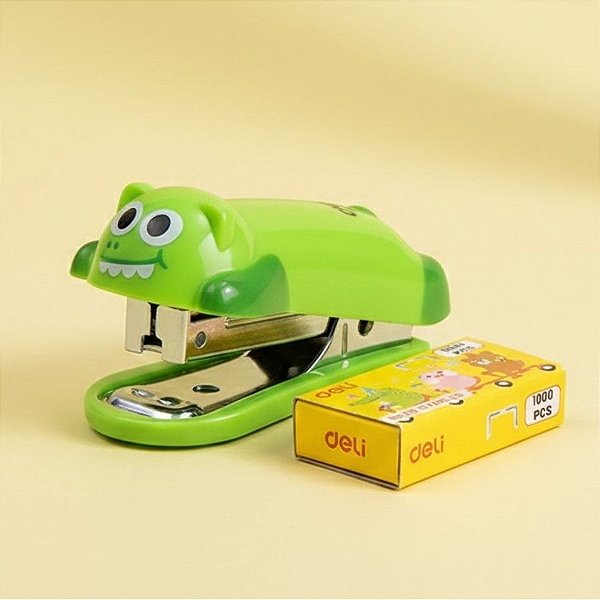 Grampeador Mini Bichinhos com 1000 Grampos - Crocodilo - Verde - 6x3,5cm - 1 unidade - Deli - Rizzo