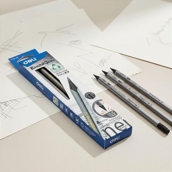 Lápis Grafite HB Enovation Wood Free com Borracha - Prata - Caixa - 12 unidades - Deli - Rizzo