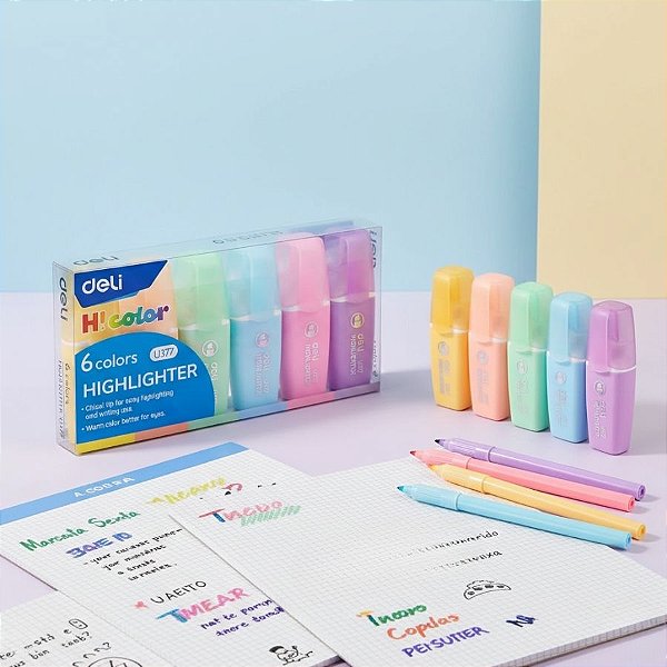 Kit de Mini Marca Texto 6 Tons Pastéis - Ponta Cinzel 1,0-5,0mm - 1 unidade - Deli - Rizzo