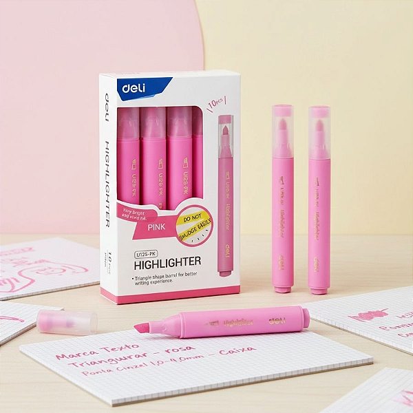 Marca Texto Triangular - Rosa - Ponta Cinzel 1,0-4,0mm - Caixa - 10 unidades - Deli - Rizzo