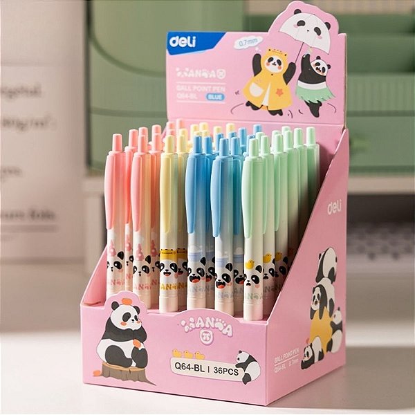 Caneta Esferográfica Retrátil Panda - Ponta Bullet 0.7mm Azul - Sortido - Caixa - 36 unidades - Deli - Rizzo