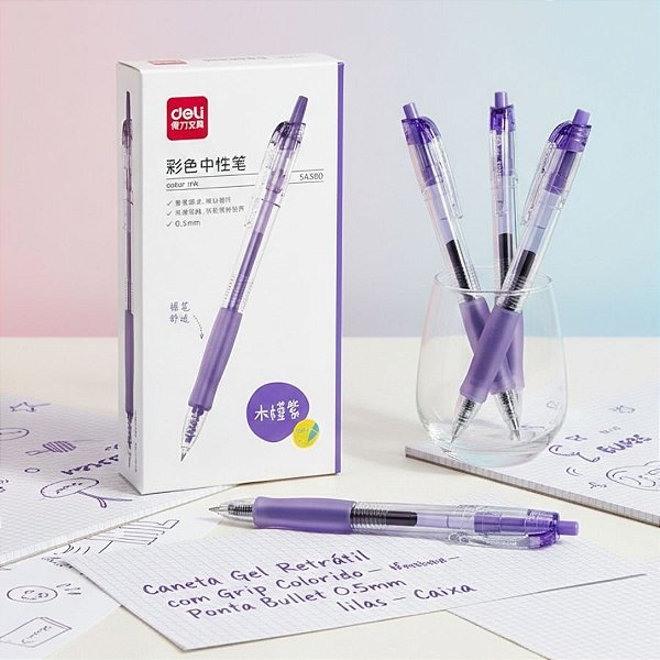 Caneta Gel Retrátil com Grip Colorido - Ponta Bullet 0.5mm Roxa - Caixa - 12 unidades - Deli - Rizzo