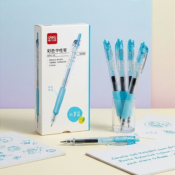Caneta Gel Retrátil com Grip Colorido - Ponta Bullet 0.5mm Azul Claro - Caixa - 12 unidades - Deli - Rizzo