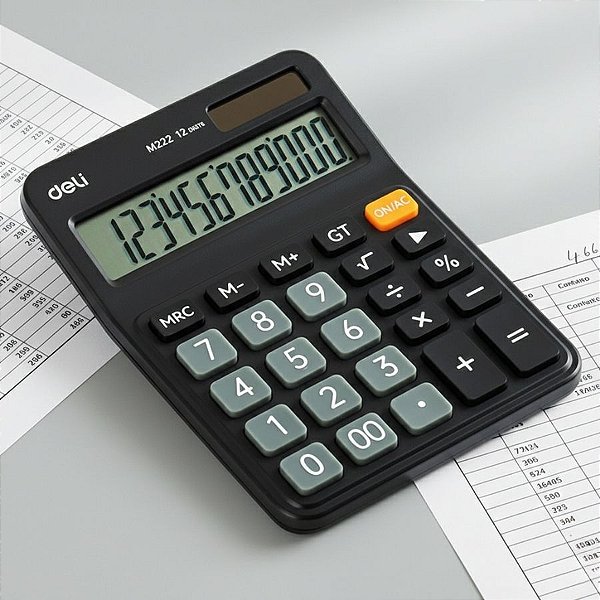 Calculadora com Memória 12 Dígitos - Bateria e Solar - Preta - 15x11x2,8cm - 1 unidade - Deli - Rizzo