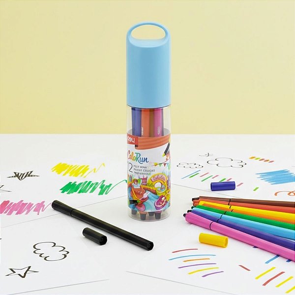 Estojo de Caneta Hidrográfica em Tubo com 12 cores - Ponta 1.0mm - 1 unidade - Deli - Rizzo