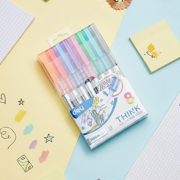 Kit de Canetas Roller Pens com 8 Cores - Ponta Agulha 0,5mm - 1 unidade - Deli - Rizzo