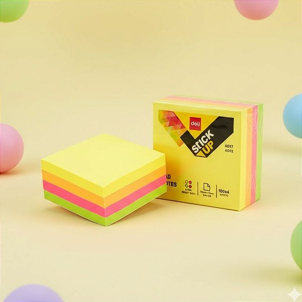 Bloco de Notas Adesivas Flourescente - Sortido - 7,6x7,6cm - Caixa - 6 unidades - Deli - Rizzo