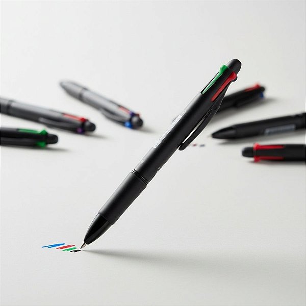 Caneta 4 Cores com Grip Preto - Ponta Bullet 0,7mm - Caixa - 12 unidades - Deli - Rizzo