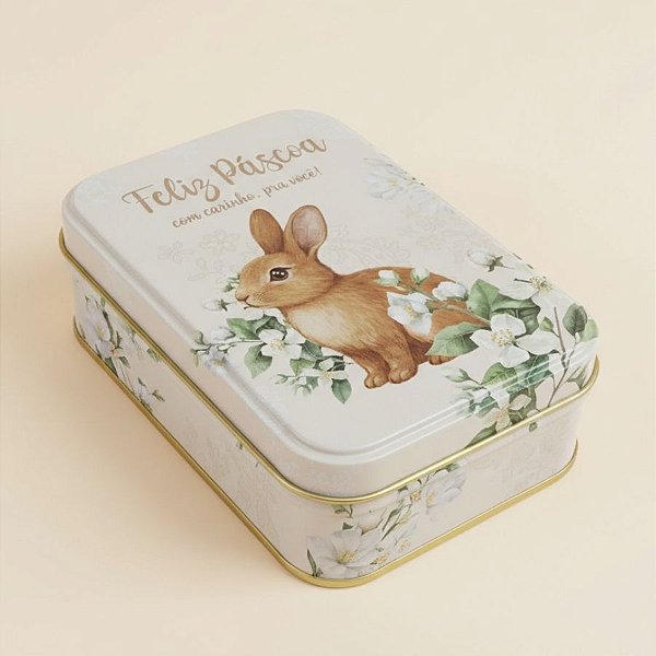 Lata de Metal Retangular de Páscoa - Coelho Flores - Branco - 12,2x8,5x4,5cm - 1 unidade - Rizzo