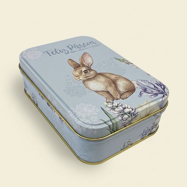 Lata de Metal Retangular de Páscoa - Coelho Flores - Azul - 12,2x8,5x4,5cm - 1 unidade - Rizzo