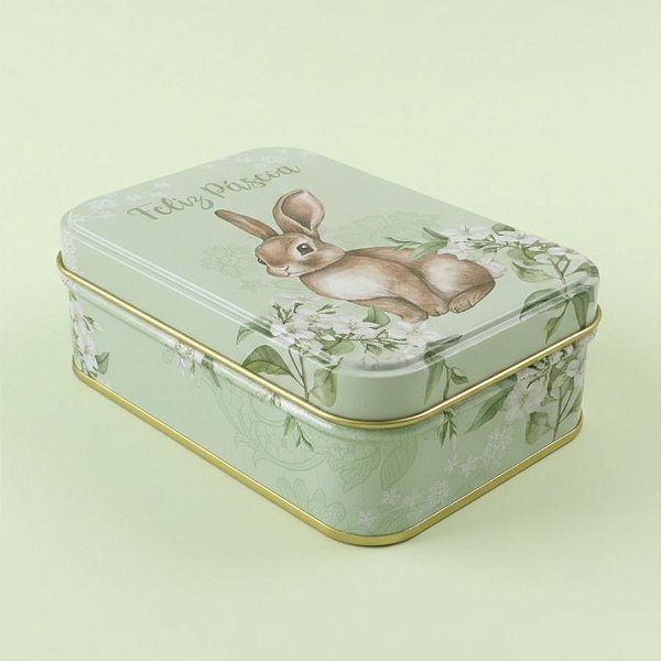 Lata de Metal Retangular de Páscoa - Coelho Flores - Verde - 12,2x8,5x4,5cm - 1 unidade - Rizzo