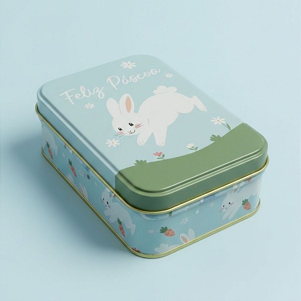 Lata de Metal Retangular de Páscoa - Coelho Feliz Páscoa - Azul - 12,2x8,5x4,5cm - 1 unidade - Rizzo