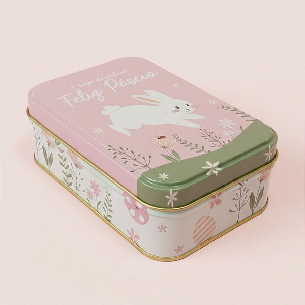Lata de Metal Retangular de Páscoa - Coelho Feliz Páscoa - Rosa - 12,2x8,5x4,5cm - 1 unidade - Rizzo