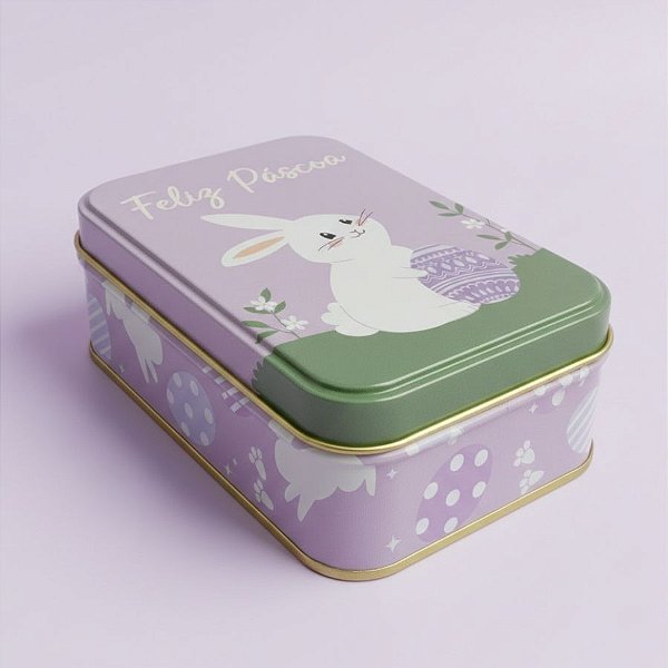 Lata de Metal Retangular de Páscoa - Coelho Feliz Páscoa - Lilás - 12,2x8,5x4,5cm - 1 unidade - Rizzo