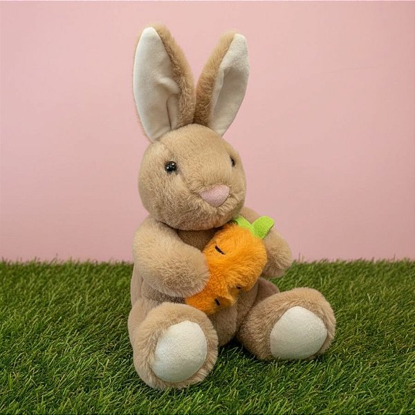 Coelho de Pelúcia Segurando Cenoura - Marrom - 30,5cm - 1 unidade - Rizzo