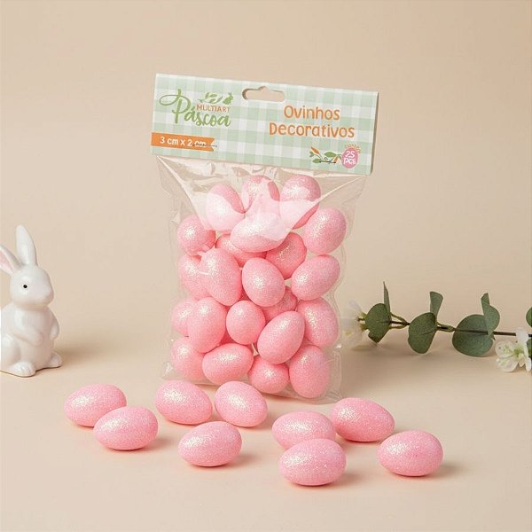 Ovinhos de Páscoa Decorativos Rosa com Glitter - 3cm  - 25 unidades - Rizzo