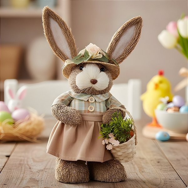 Enfeite Decorativo de Páscoa - Coelho com Cesta de Cenoura e Chapéu - 18x45x16cm - 1 unidade - Cromus - Rizzo