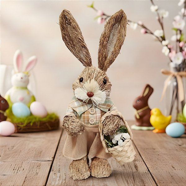 Enfeite Decorativo de Páscoa - Coelho com Cesta de Flores - 15x33x11cm - 1 unidade - Cromus - Rizzo
