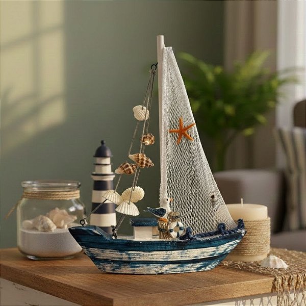 Enfeite Decorativo de Resina - Veleiro - Azul e Branco - 16x26cm - 1 unidade - Rizzo