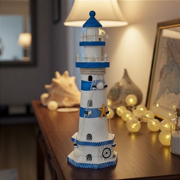 Enfeite Decorativo de Madeira - Farol - Azul e Branco - 37,5x12cm - 1 unidade - Rizzo