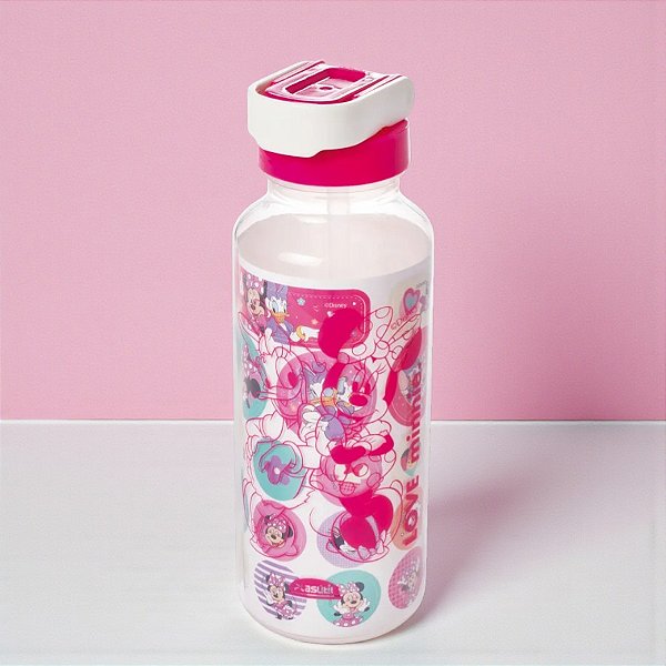 Garrafa Abre Fácil Com Canudo - Minnie Mouse Rosa - 600ml - Disney Original - 1 unidade - Plasútil - Rizzo