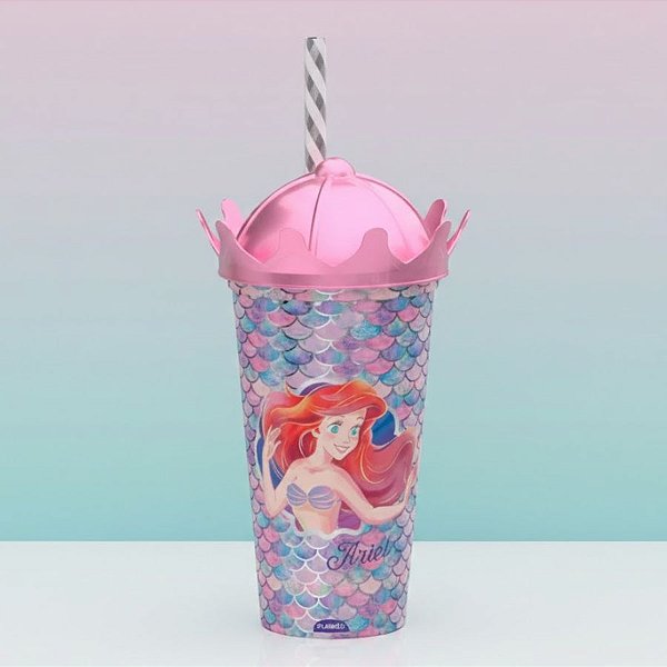 Copo com Canudo e Tampa Coroa - Ariel - 500ml - Disney Original - 1 unidade - Plasútil - Rizzo