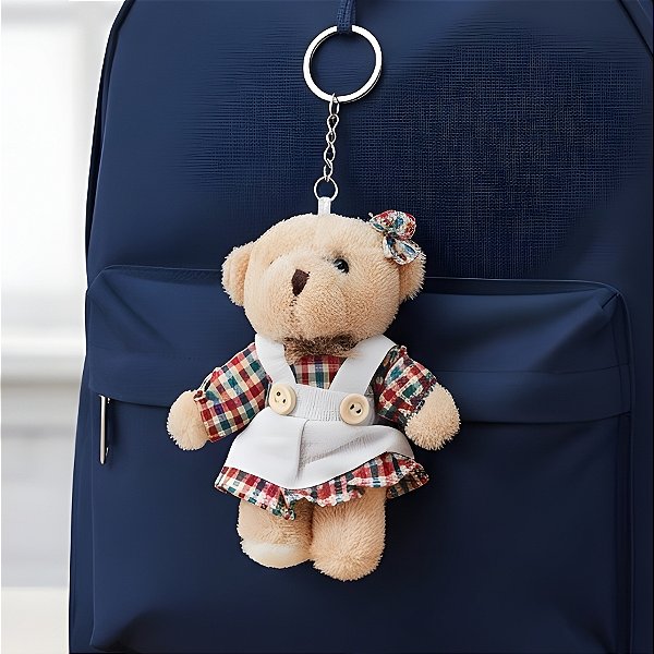 Chaveiro Ursa de Pelúcia - Macacão e Saia Xadrez - Colorido - 8x11x4cm - 1 unidade - Rizzo