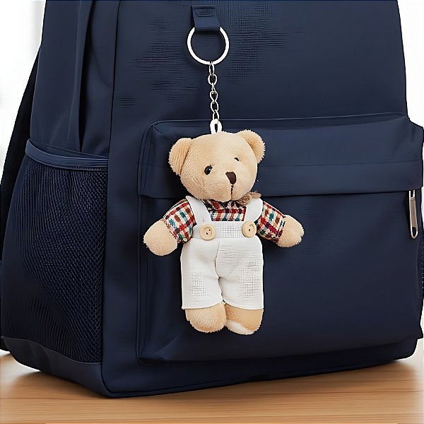 Chaveiro Urso de Pelúcia - Macacão e Camisa Xadrez - Colorido - 8x11x4cm - 1 unidade - Rizzo