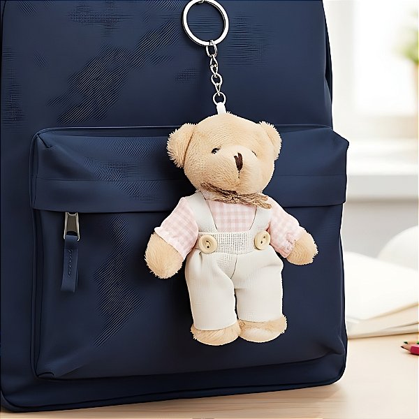 Chaveiro Urso de Pelúcia - Macacão e Camisa Xadrez - Rosa - 8x11x4cm - 1 unidade - Rizzo