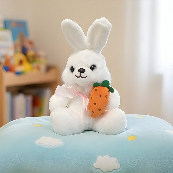 Coelho de Pelúcia com Laço e Cenoura - Branco - 13x20x12cm - 1 unidade - Rizzo