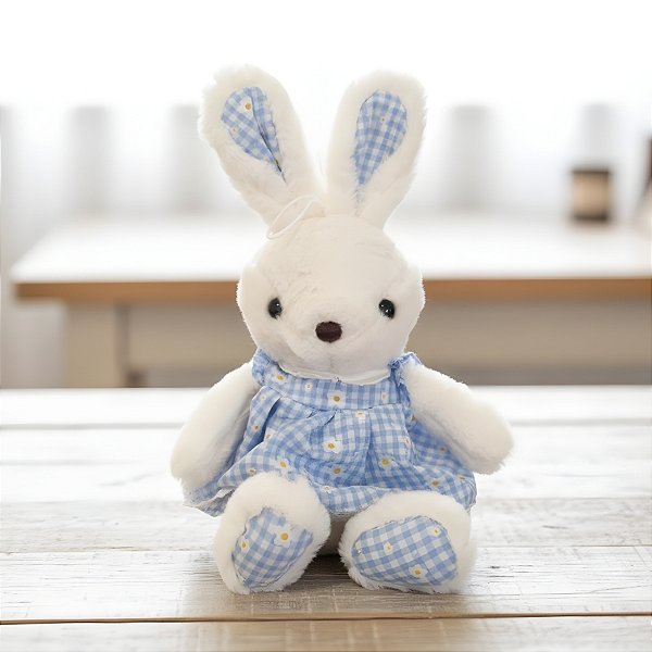 Coelho de Pelúcia Branco - Vestido Xadrez Azul - 12x39x11cm - 1 unidade - Rizzo - Rizzo