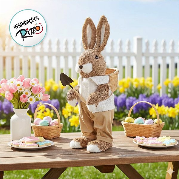 Enfeite Decorativo de Páscoa - Coelho com Cestinha e Pá - 44x15x22cm - 1 unidade -  Cromus - Rizzo
