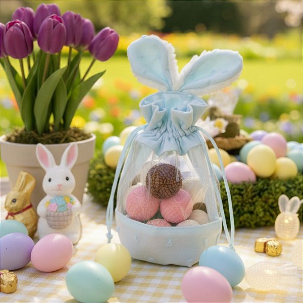Saquinho de Tecido de Páscoa - Orelha de Coelho - Azul - 18cm - 1 unidade - Rizzo