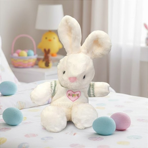 Coelho de Pelúcia Branco com Blusa Happy - Branco e Verde - 38,5x24x14cm - 1 unidade - Rizzo