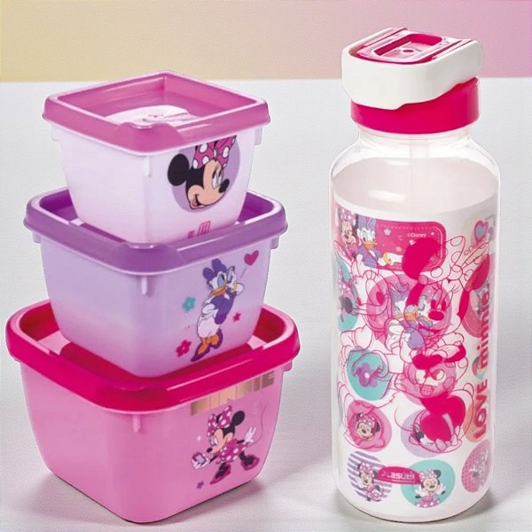 Conjunto Garrafa com Canudo e 3 Potes - Minnie Mouse Rosa - 1 unidade - Disney Original - Rizzo