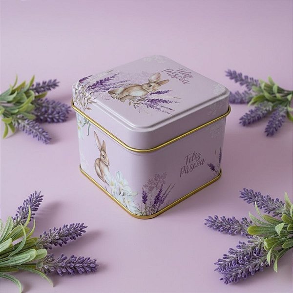 Lata de Metal Quadrada de Páscoa - Coelho Flores - Roxo - 8x8x6,3cm - 1 unidade - Rizzo