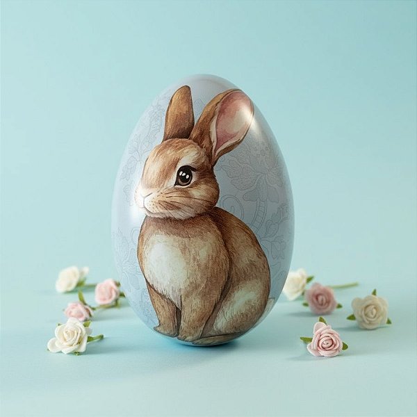 Ovo de Metal de Páscoa - Coelho Flores - Azul - 12,7x8,4x9,1cm - 1 unidade - Rizzo