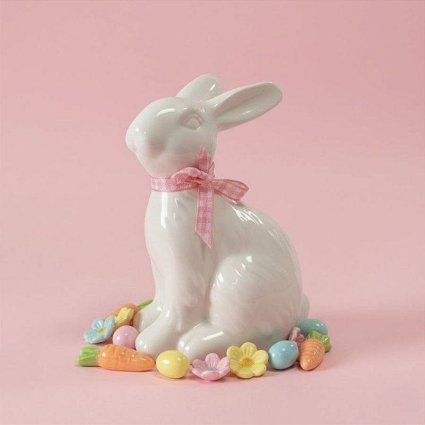 Enfeite Decorativo de Páscoa em Porcelana - Coelho Sentado com Laço - Rosa - 8x5x12cm - 1 unidade - Rizzo