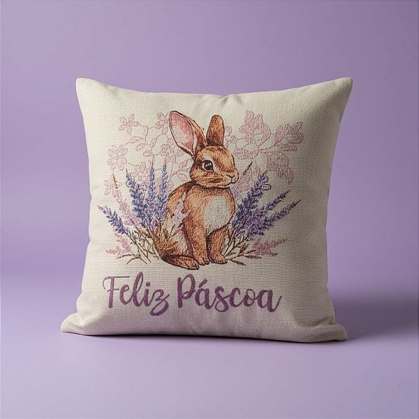 Capa para Almofada Páscoa - Coelho Bordado "Feliz Páscoa" - Roxo - 43x43cm  - 1 unidade - Rizzo