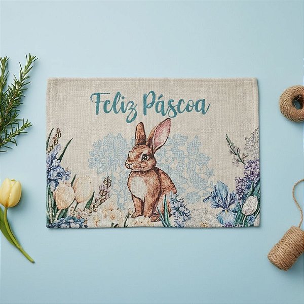 Jogo Americano de Páscoa - Coelho Bordado "Feliz Páscoa" - Azul - 33x45cm - 1 unidade - Rizzo
