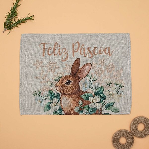 Jogo Americano de Páscoa - Coelho Bordado "Feliz Páscoa" - Laranja - 33x45cm - 1 unidade - Rizzo