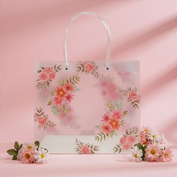 Sacola de Plástico Transparente Fosca - Floral - Rosa - 30x12x26cm - 1 unidade - Rizzo